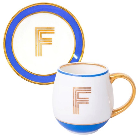 Кружка с блюдцем «Library» золотая буква «F» (голубого цвета) детальная картинка 