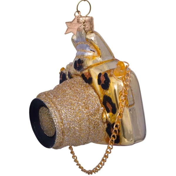 Фото Новогоднее украшение из стекла Vondels "Золотая камера с леопардовым принтом" 9см