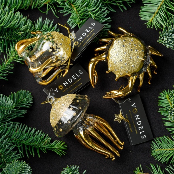 Фото Новогоднее украшение из стекла Vondels "Золотой краб с бриллиантами" 9см