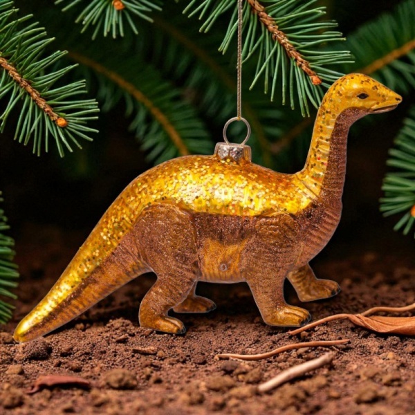 Фото Новогоднее украшение из стекла Vondels "Золотой динозавр" 14см