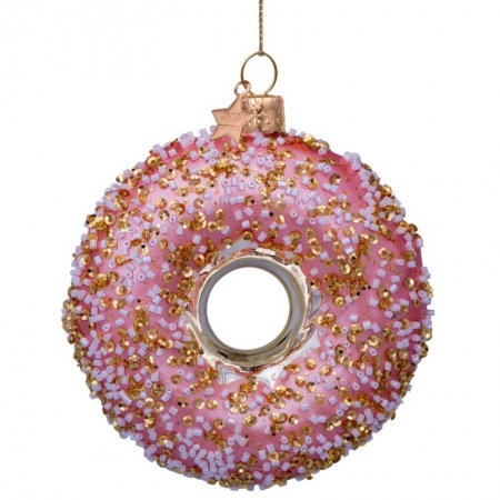 Новогоднее украшение из стекла Vondels "Розовый пончик с позолотой" 11см детальная картинка 