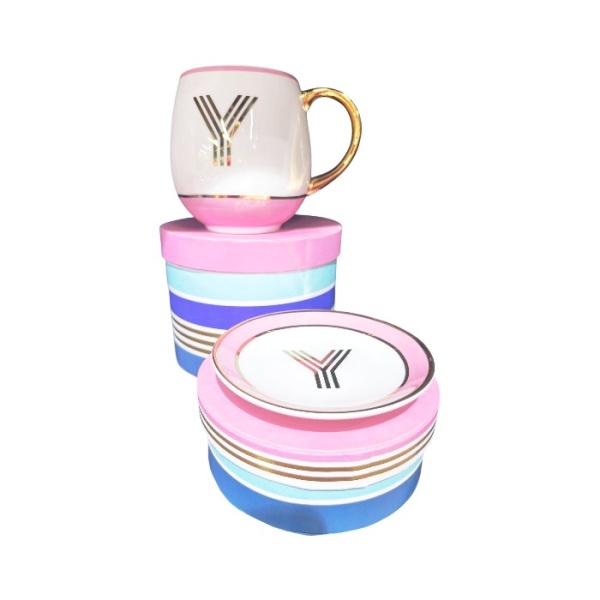 Фото Кружка с блюдцем «Library» золотая буква «Y» (розового цвета)