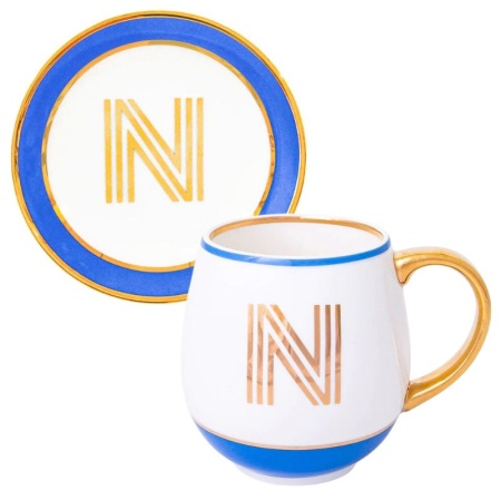 Кружка с блюдцем «Library» золотая буква «N» (голубого цвета) детальная картинка 