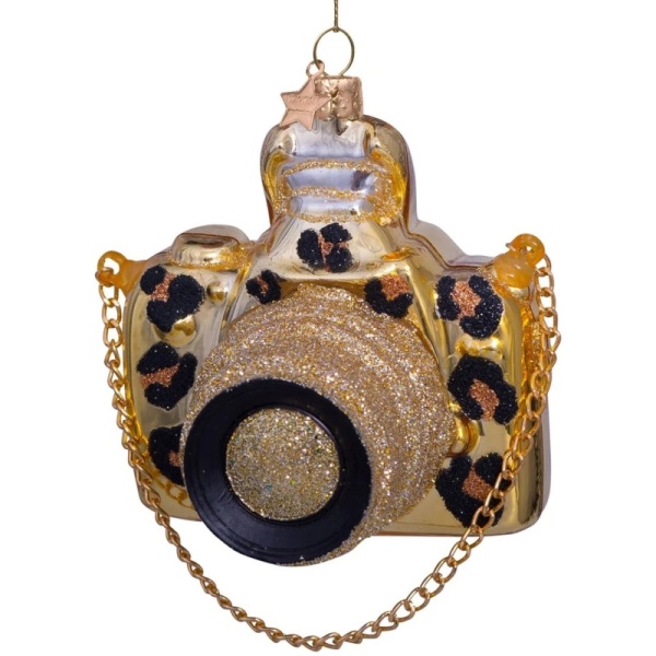 Фото Новогоднее украшение из стекла Vondels "Золотая камера с леопардовым принтом" 9см