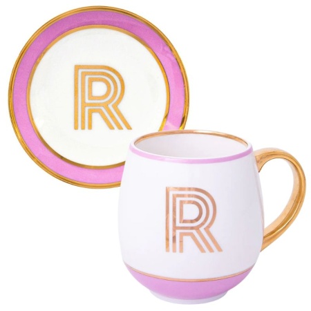 Кружка с блюдцем «Library» золотая буква «R» (розового цвета) детальная картинка 