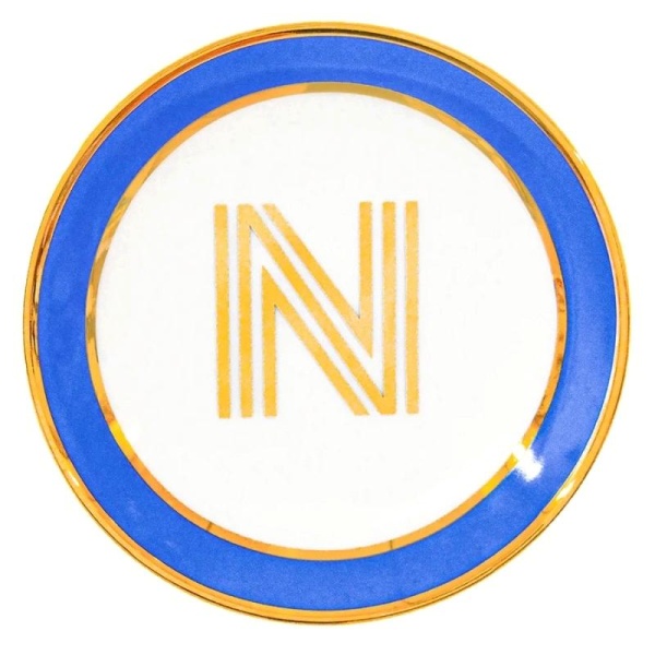 Фото Кружка с блюдцем «Library» золотая буква «N» (голубого цвета)