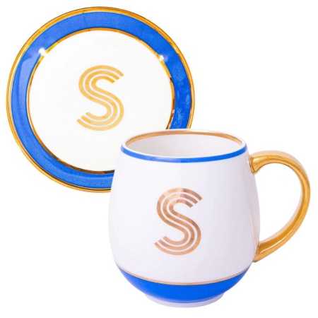 Кружка с блюдцем «Library» золотая буква «S» (голубого цвета) детальная картинка 