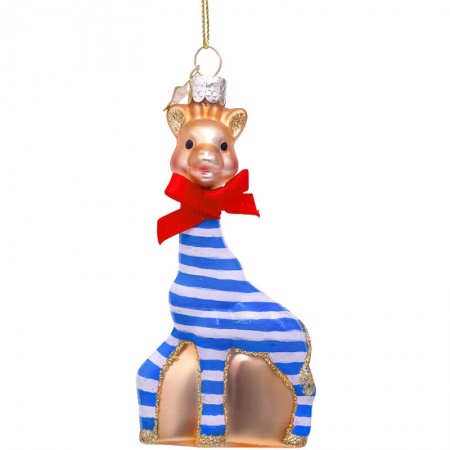 Новогоднее украшение из стекла Vondels "Жирафик Софи в сине-белую полоску" 10см - в подарочной коробке детальная картинка 