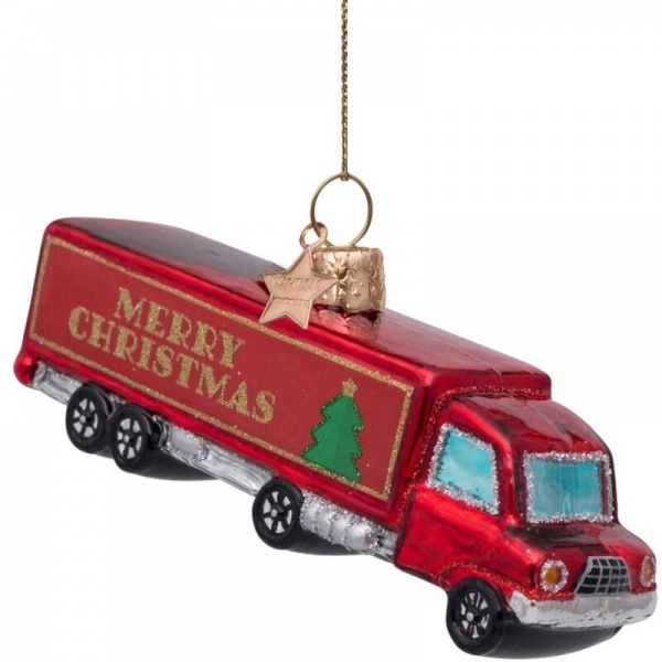 Фото Новогоднее украшение из стекла Vondels "Красный рождественский грузовик" 5см