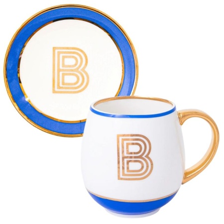 Кружка с блюдцем «Library» золотая буква «B» (голубого цвета) детальная картинка 