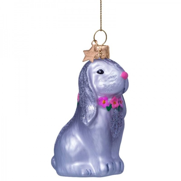 Фото Новогоднее украшение из стекла Vondels "Серый кролик в цветочном ожерелье" 8.6см