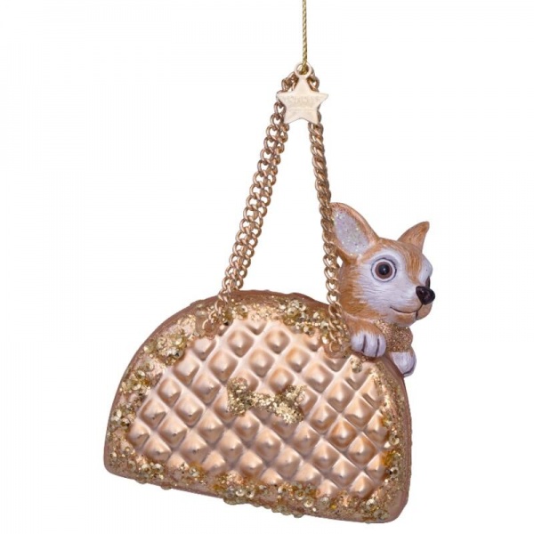 Фото Новогоднее украшение из стекла Vondels "Золотая собачка в сумочке" 10см