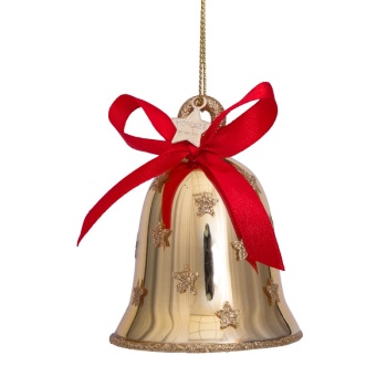 Фото Новогоднее украшение из стекла Vondels "Золотой колокольчик с красным бантиком" 8см
