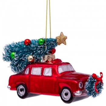 Фото Новогоднее украшение из стекла Vondels "Красная машина с елкой" 5.5см