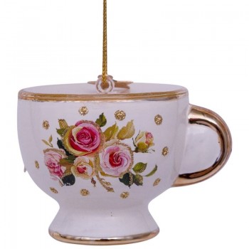 Фото Новогоднее украшение из стекла Vondels "Чайная чашка с цветочным принтом" 5см