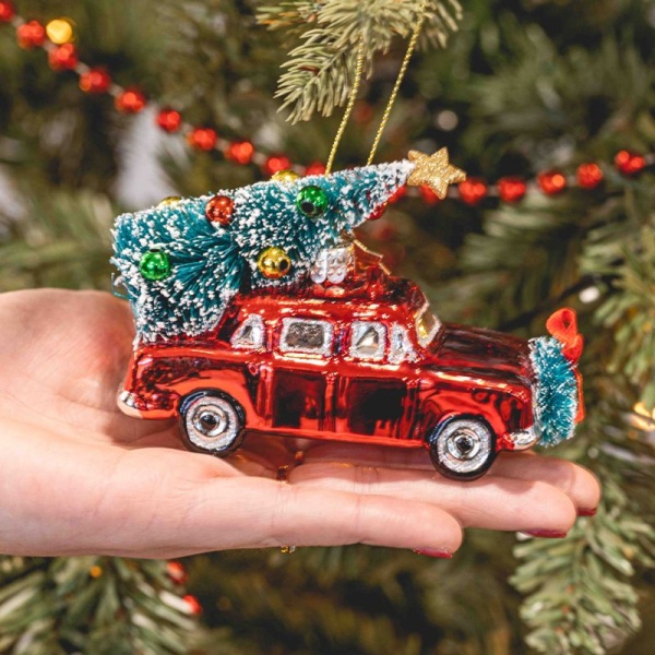 Фото Новогоднее украшение из стекла Vondels "Красная машина с елкой" 5.5см