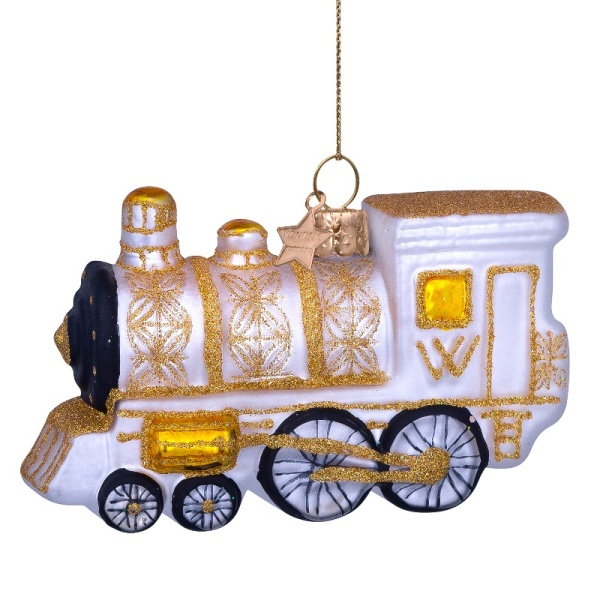 Фото Новогоднее украшение из стекла Vondels "Бело-золотой поезд" 6см