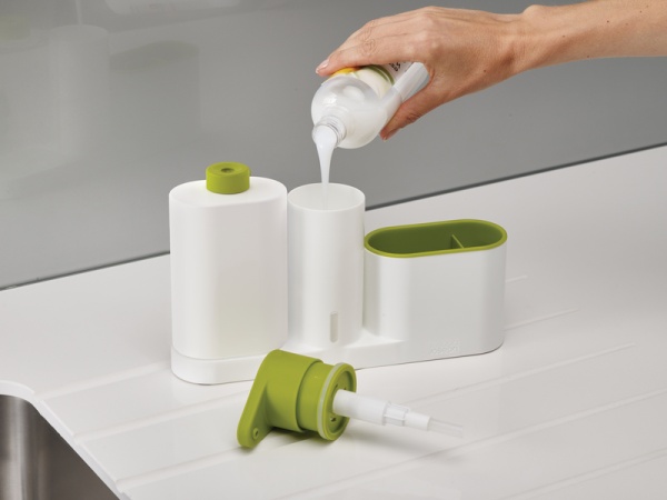 Фото Органайзер для раковины с дозатором для мыла и бутылочкой SinkBase Plus белый/зеленый - 85082 Joseph Joseph
