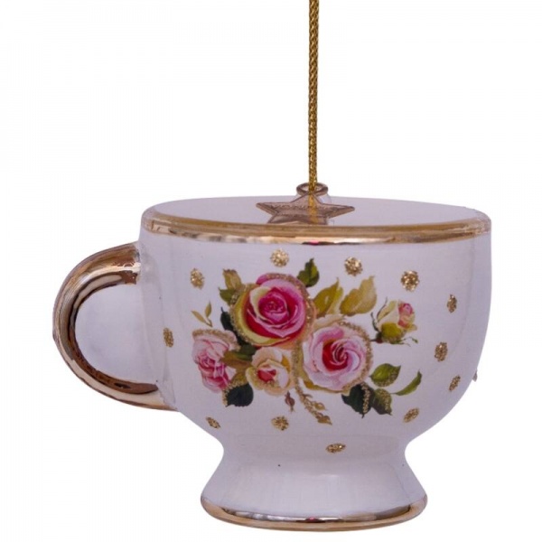 Фото Новогоднее украшение из стекла Vondels "Чайная чашка с цветочным принтом" 5см