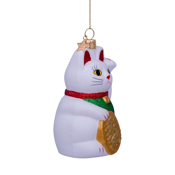Фото Новогоднее украшение из стекла Vondels "Белый кот Манэки-Нэко" 9см