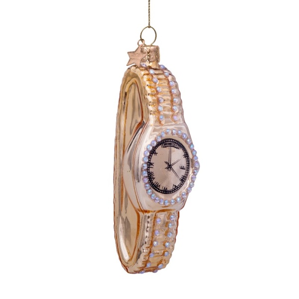 Фото Новогоднее украшение из стекла Vondels "Золотые часы с бриллиантами" 10см