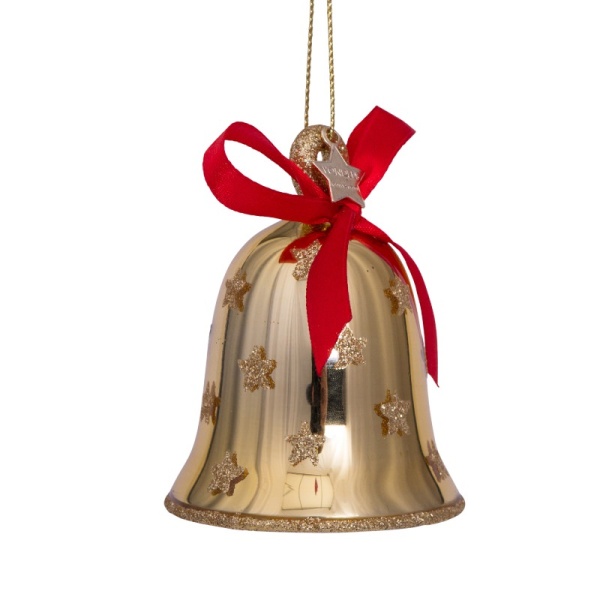 Фото Новогоднее украшение из стекла Vondels "Золотой колокольчик с красным бантиком" 8см